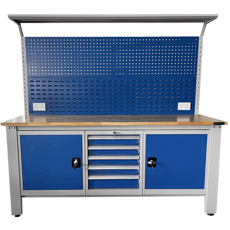 RackZone Industrial Workbench with drawers, cabinets & perforated back panel.