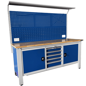 RackZone Industrial Workbench, Grey/Blue, with pegboard, drawers & shelf.