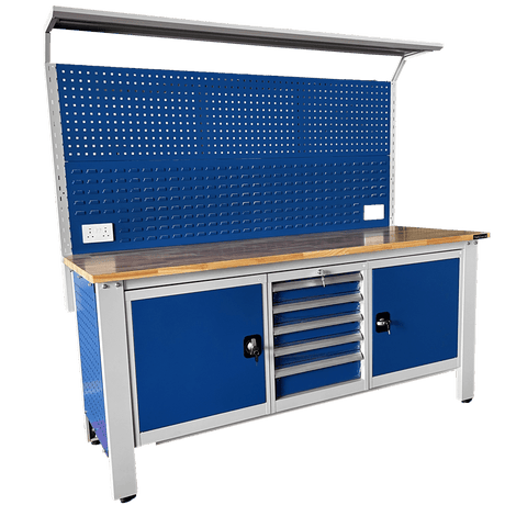 RackZone Industrial Workbench, Grey/Blue, with pegboard, drawers & shelf.