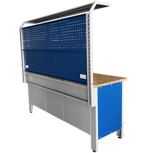 RackZone Industrial Workbench, grey/blue, 2000H x 2100W x 600D, wood top.