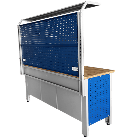 RackZone Industrial Workbench, grey/blue, 2000H x 2100W x 600D, wood top.