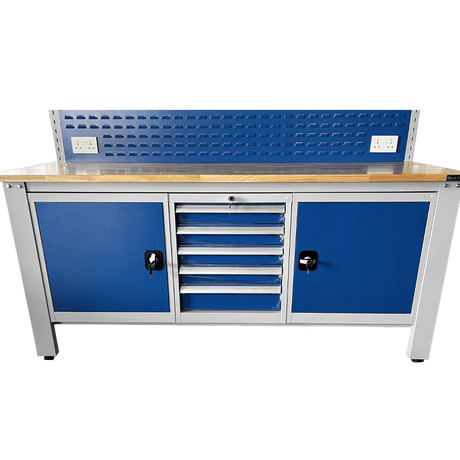 RackZone Industrial Workbench, grey/blue drawers, cabinets & power outlets.