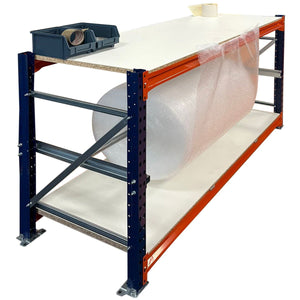The RackZone Industrial Workbench stores bubble wrap and packing supplies neatly.