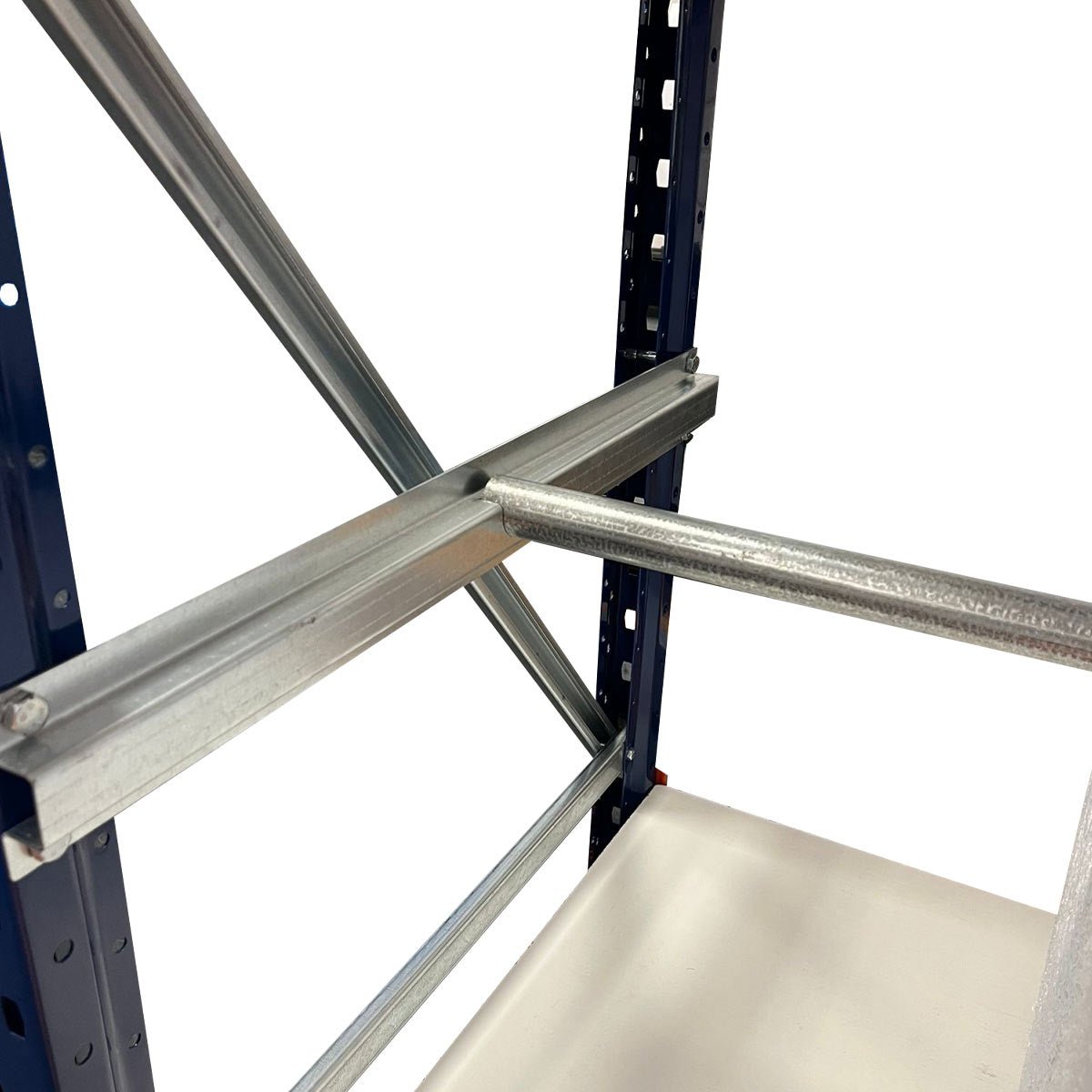RackZone Industrial Workbench with 2 tiers, bar and holder, timber & feet shown.
