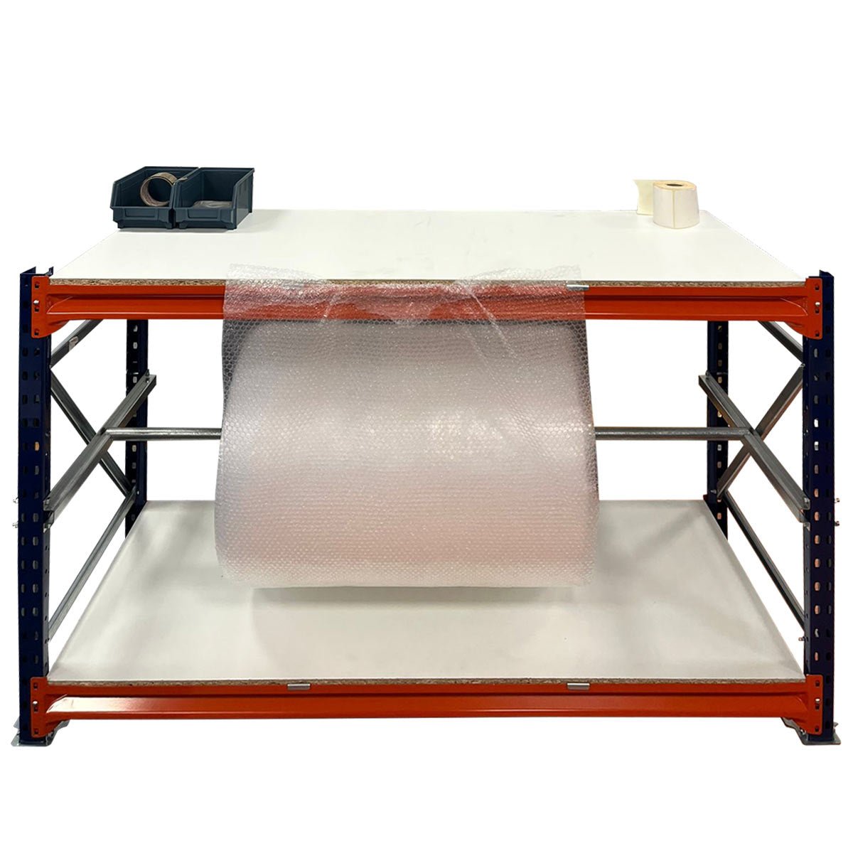 RackZone industrial workbench with bubble wrap roll and packing supplies on top.