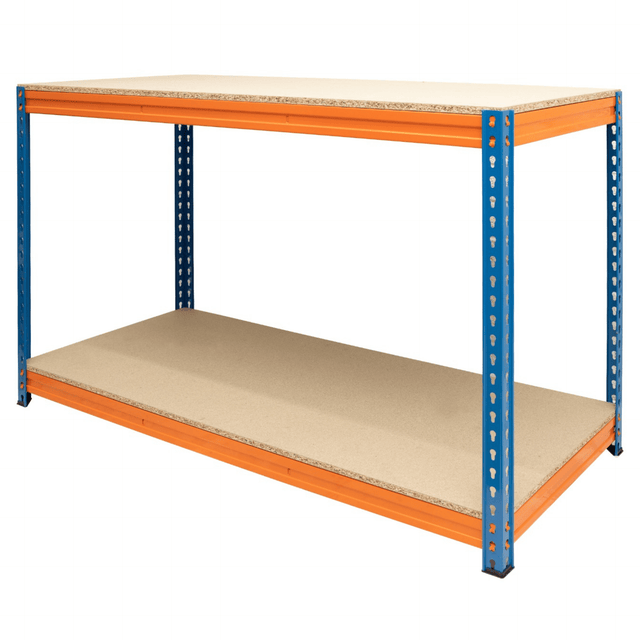 RackZone Value Workbench 2-level orange/blue, chipboard, 400kg capacity.