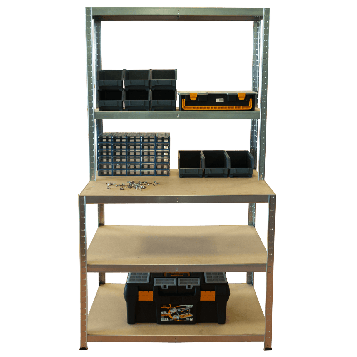 RackZone Value Workbench with 5 levels, 1000w x 600d x 1860h, for storage.