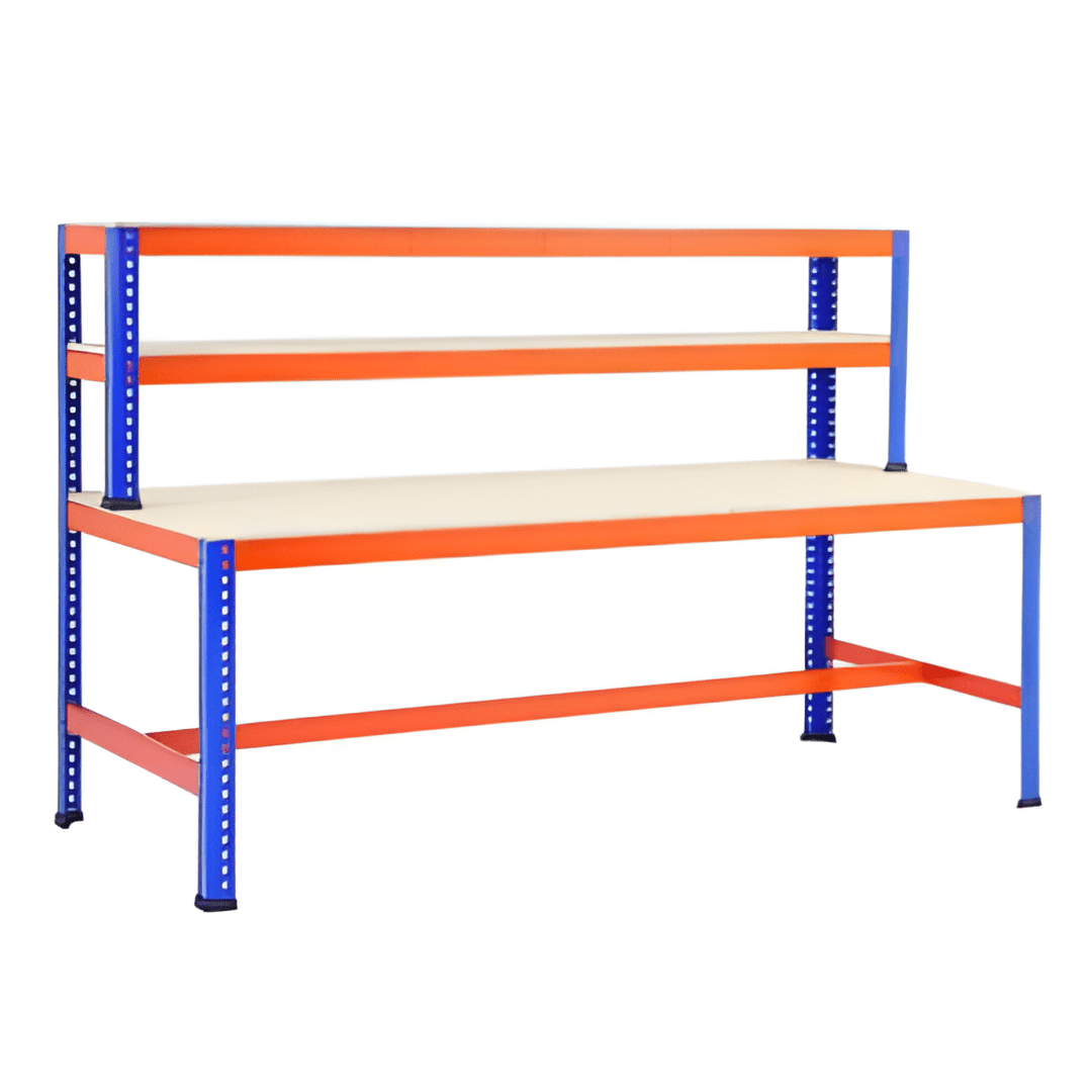 RackZone Value Workbench, orange/blue, 1200w, chipboard shelves, 500kg load.