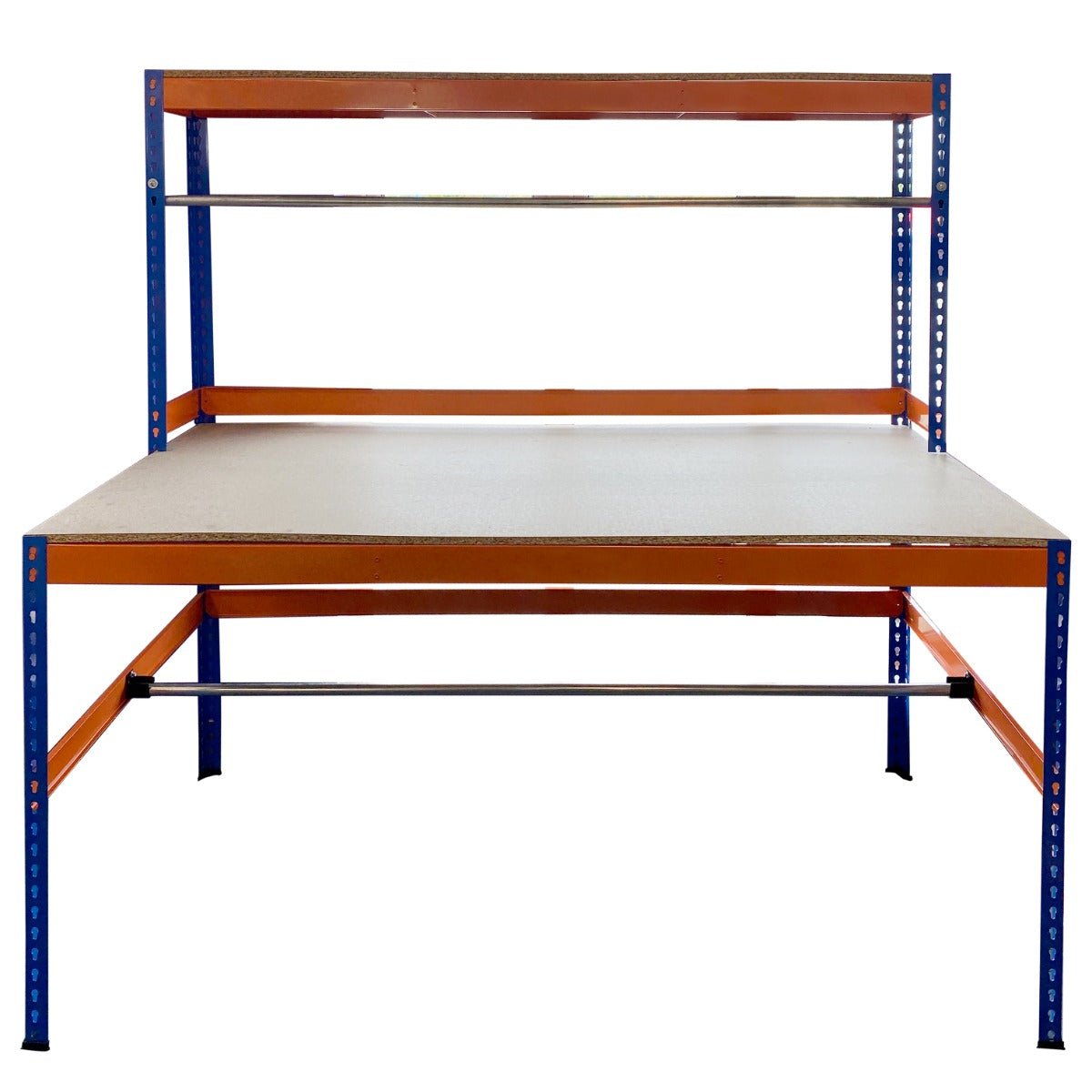 RackZone Value Workbench, orange/blue, 1800x1800x900mm with chipboard shelves.