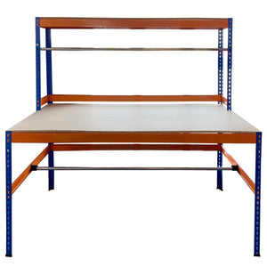 RackZone Value Workbench, orange/blue, 1800x1800x900mm with chipboard shelves.