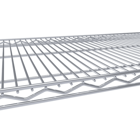 Close-up of RackZone Wire Chrome Shelving 4 Level 300kg UDL on white background.