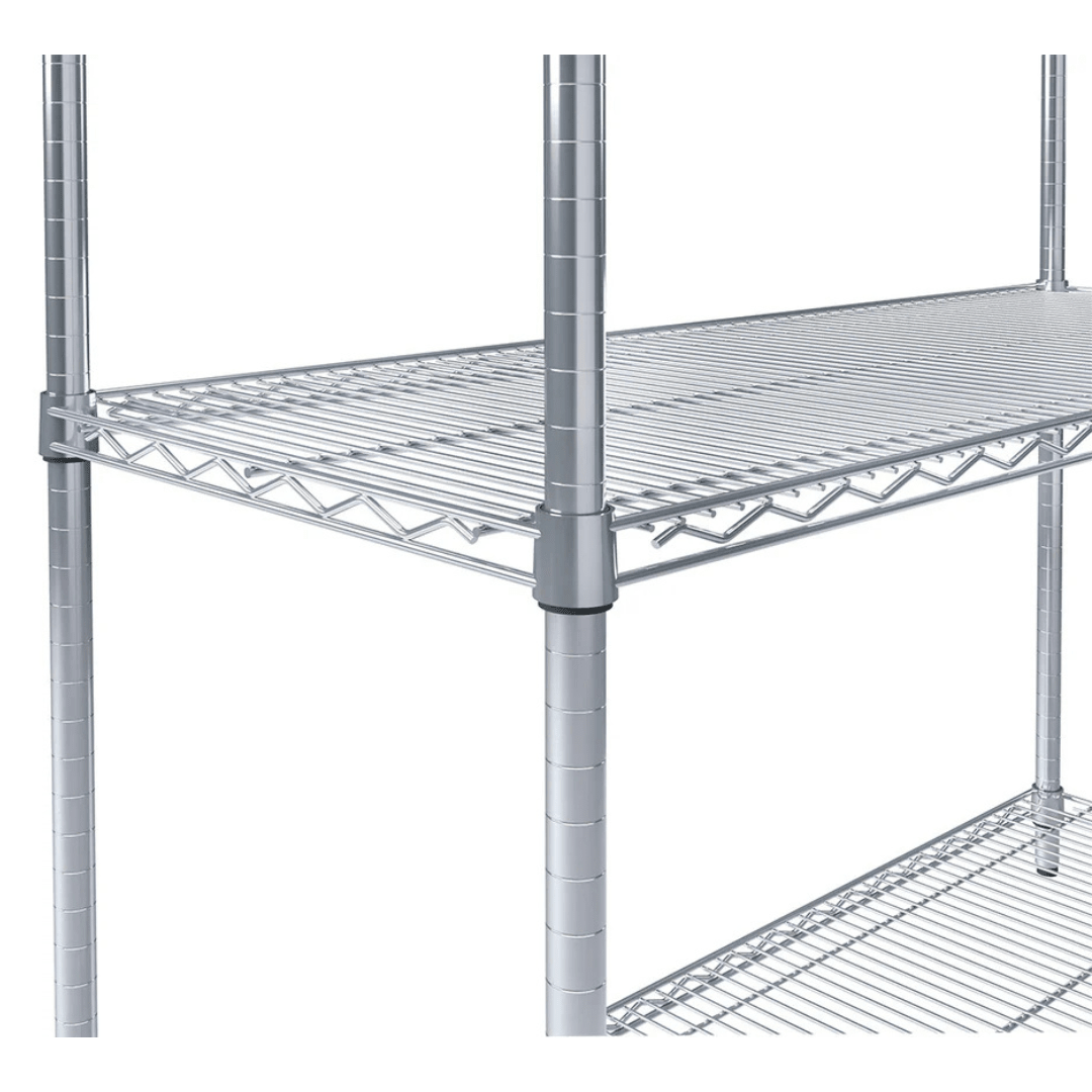 Close-up of RackZone Wire Chrome Shelving 1818h x 1212w x 458d, 4-level, 300kg UDL.