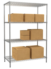 RackZone Wire Chrome Shelving, 4 levels, 1818h x 1212w x 609d, holds brown boxes.