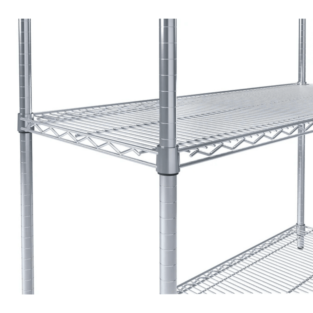 Close-up of RackZone Wire Chrome Shelving 4 Level, adjustable shelves.