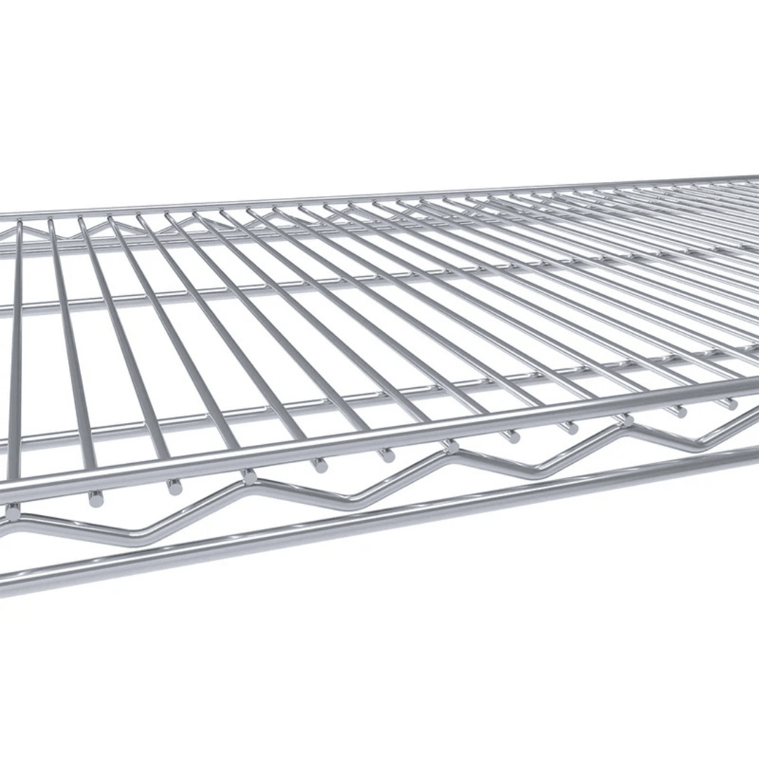 Close-up of a RackZone Wire Chrome Shelving 1818h x 1822w x 458d, 4 Level.