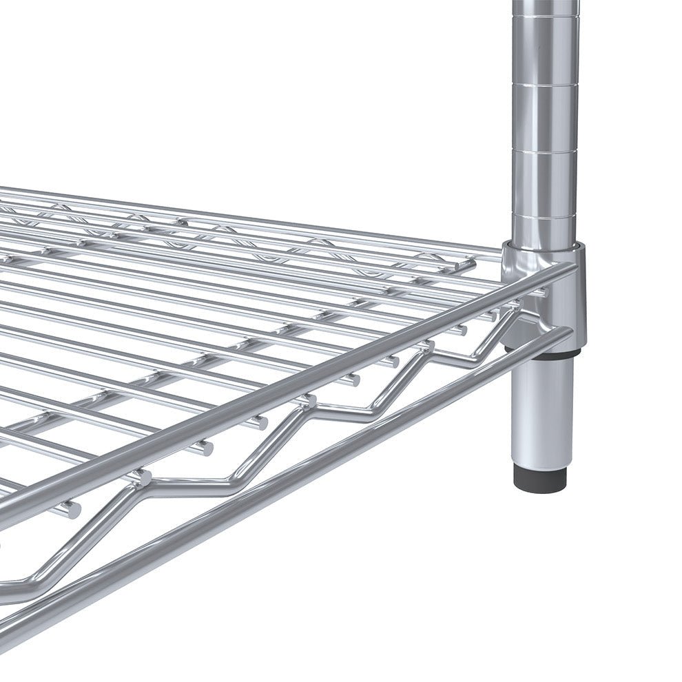Close-up of a RackZone Wire Chrome Shelving 4 Level 300kg UDL, adjustable shelves.