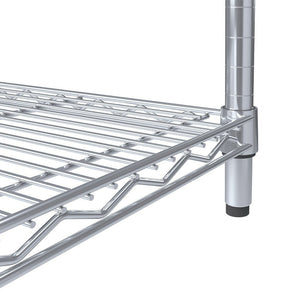 Close-up of a RackZone Wire Chrome Shelving 4 Level 300kg UDL, adjustable shelves.