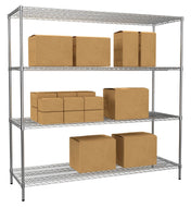 Wire shelving unit with cardboard boxes on a white background
