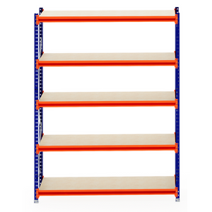 RackZone Longspan Starter: 6-tier shelving, blue frame, orange beams, timber shelves.