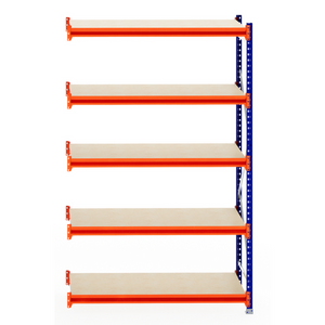 RackZone Longspan Shelving Extender with 5 beige timber shelves, blue/orange frame.