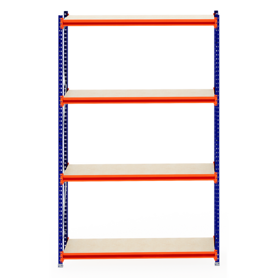 RackZone Longspan Shelving 600mm, laminated timber, blue and orange, empty.
