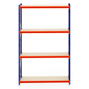 RackZone Longspan Shelving 600mm, laminated timber, blue and orange, empty.