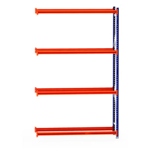 RackZone Tyre Racking Extender with four orange shelves and blue frame.