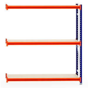RackZone Longspan 600mm Laminated Timber Extender, orange/blue frame.