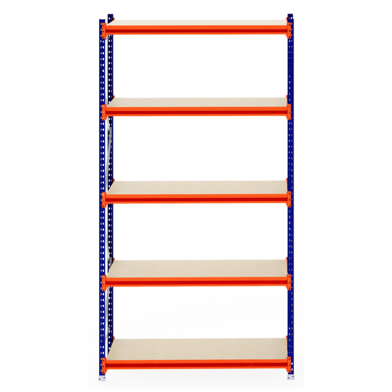 RackZone Longspan Shelving, 6 timber shelves, blue frame & orange supports.