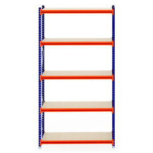 RackZone Longspan Shelving, 6 timber shelves, blue frame & orange supports.