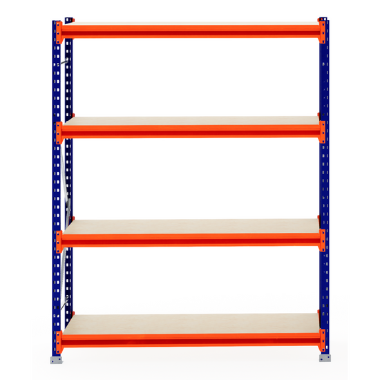 RackZone Longspan Shelving 600mm, 5 timber shelves, front view, empty.