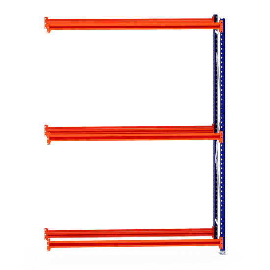 RackZone Tyre Racking 400mm Depth Extender with orange shelves, blue frame.