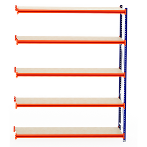 RackZone Longspan Extender Shelving, 600mm, timber shelves, orange supports.
