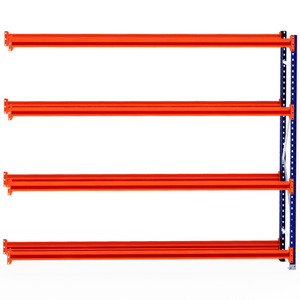 Four orange RackZone Tyre Racking extenders on a blue vertical support frame.