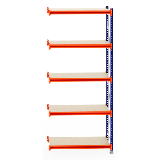 RackZone Longspan Shelving Extender with 6 timber shelves, blue/orange supports.