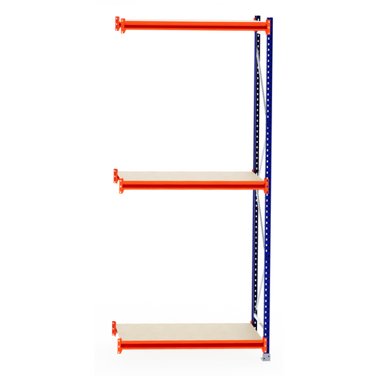 RackZone Longspan Shelving Extender, 3 timber shelves, orange bars, 600mm deep.