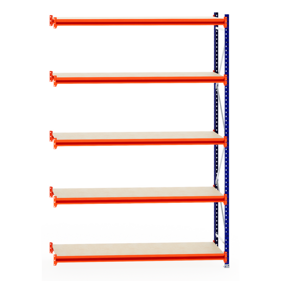 RackZone Longspan Shelving 600mm Laminated Timber Extender with orange beams.