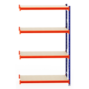 RackZone Longspan Shelving: 4 laminated timber shelves with orange supports.
