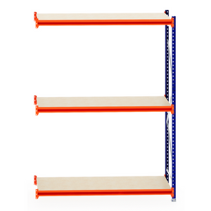 RackZone Longspan Extender: 3-tier metal shelving with timber shelves, front view.