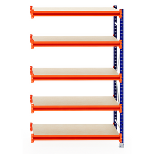 RackZone Longspan 600mm Laminated Timber Extender with orange beams, blue frame.