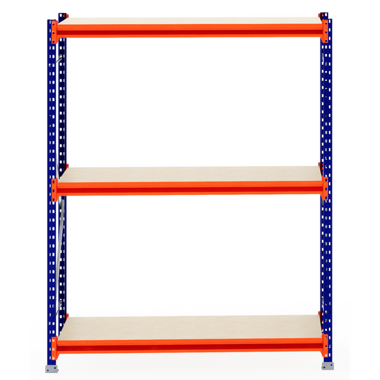 RackZone Longspan Shelving 600mm, laminated timber, blue frame, orange supports.