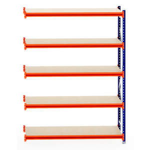 RackZone Longspan 600mm Timber Extender Shelving, five tiers, metal frame.