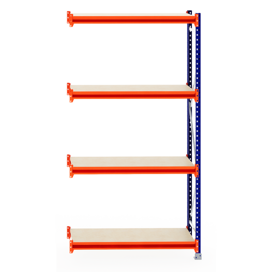 RackZone Longspan 600mm Extender with orange beams and blue supports.