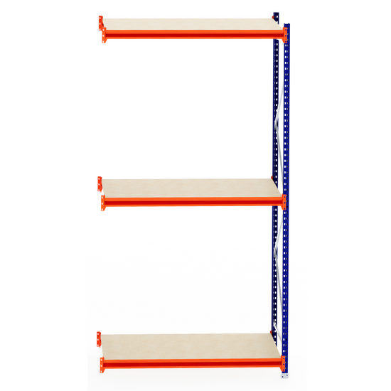 RackZone Longspan Shelving 600mm Laminated Timber Extender with orange/blue frame.