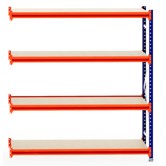 RackZone Longspan Extender, 4-tier metal shelf with timber shelves, 600mm deep.