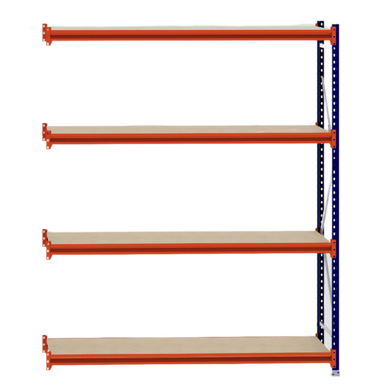 RackZone Longspan 600mm Extender with laminated timber shelves, orange beams.