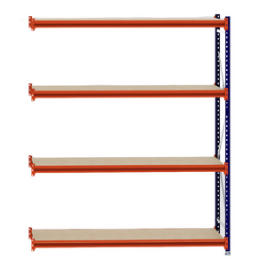 RackZone Longspan 600mm Extender with laminated timber shelves, orange beams.