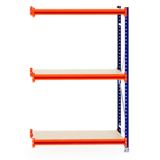RackZone Longspan 600mm Extender with laminated timber shelves, orange/blue.