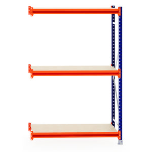 RackZone Longspan 600mm Extender with laminated timber shelves, orange/blue.