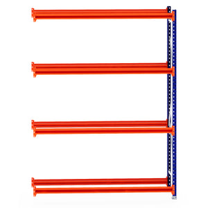 Four orange RackZone shelves on a blue Tyre Racking 400mm Depth - Extender.